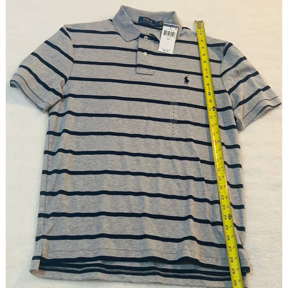 Polo Ralph Lauren Mens Grey Navy Blue Striped Cotton Polo Shirt Small NWT